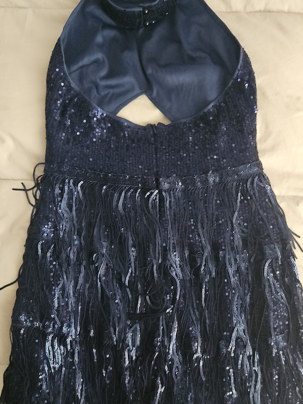 Navy Sequin Halter Fringe Cocktail Dress - Picture 4 of 6